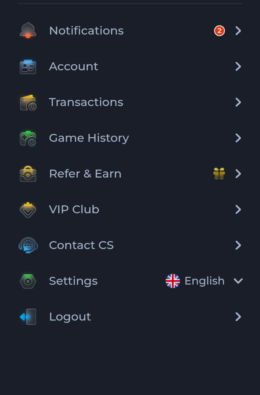 COME menu showing Account, Transactions, Game History, Contact CS and Settings