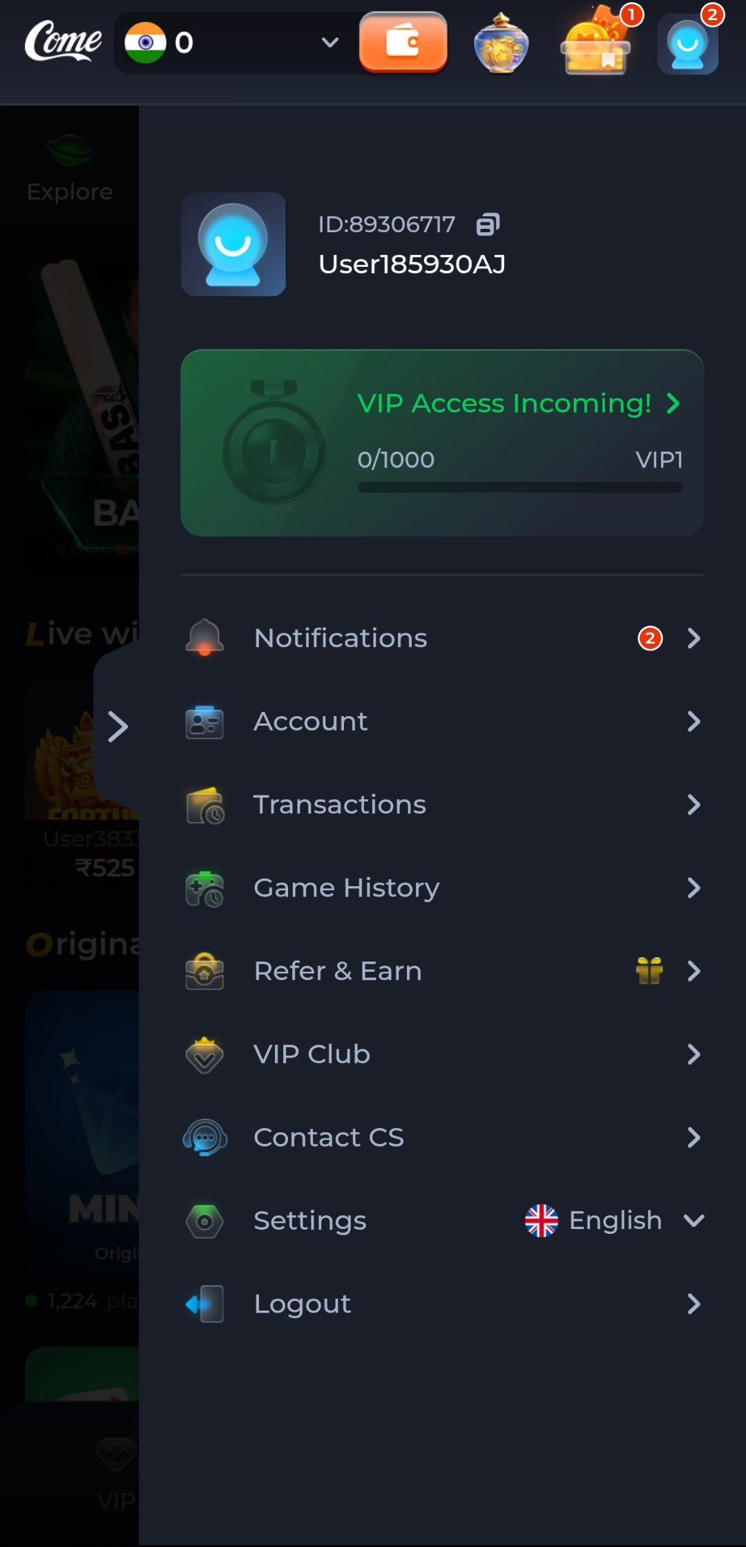 COME profile menu with Account, Transactions, Game History, Contact CS and Settings