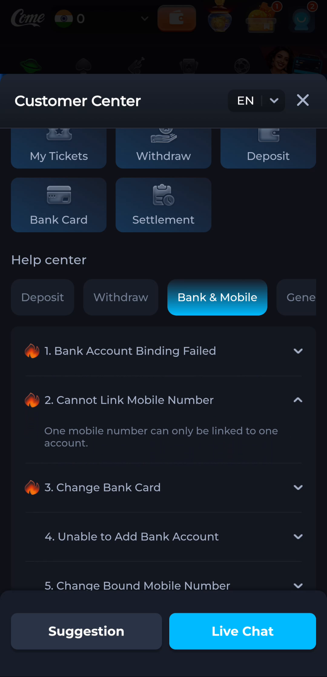 COME help showing the Cannot Link Mobile Number topic