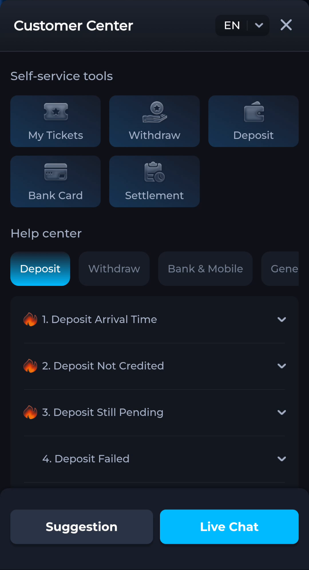 COME Customer Center with payment topics and self-service tools