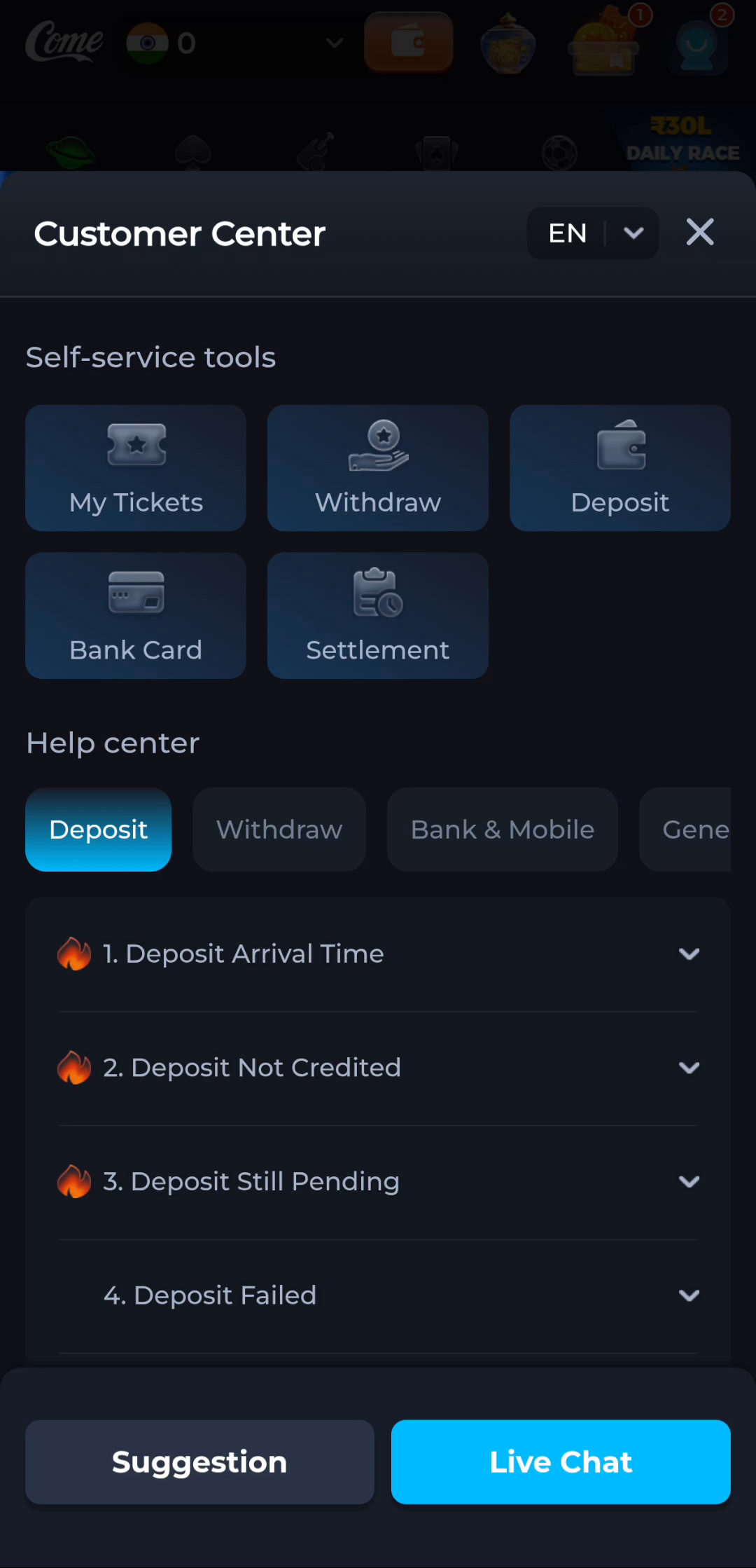 COME Customer Center with payment topics and self-service tools
