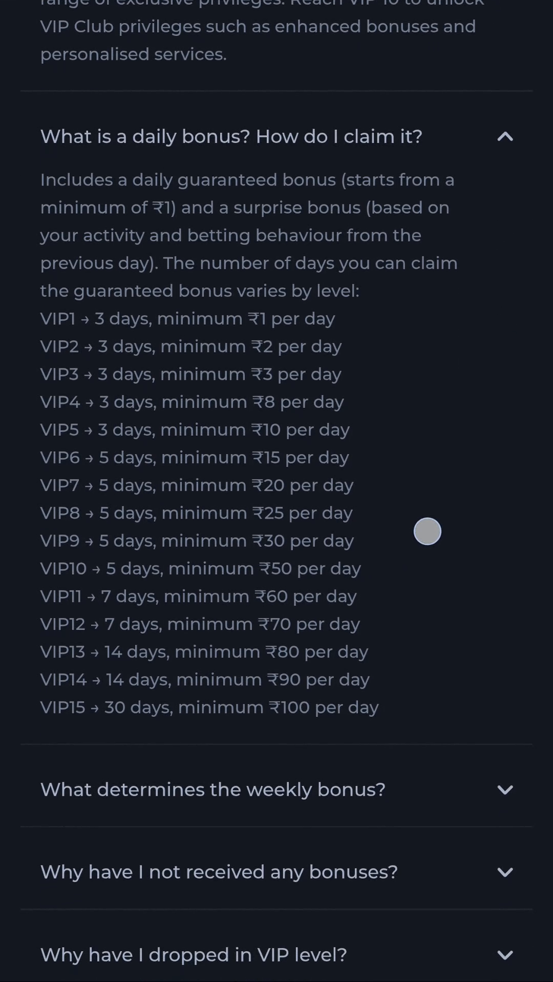 COME daily bonus table listing minimum daily amounts and claim days from VIP1 to VIP15
