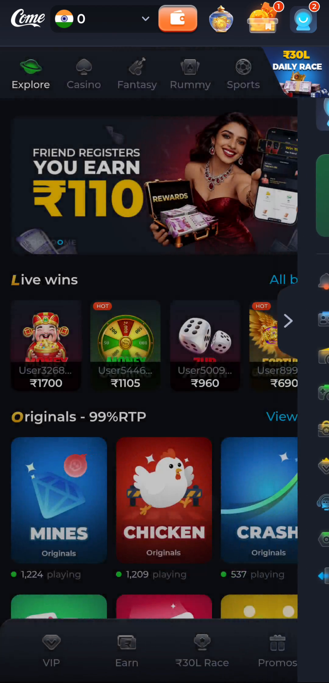 Full COME app home screen with category tabs, the Refer and Earn banner, Originals games and bottom navigation