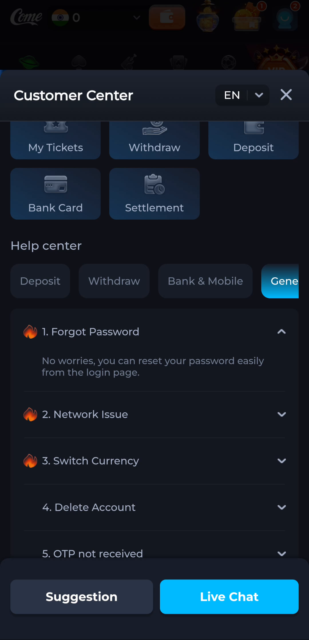COME Customer Center with Forgot Password expanded