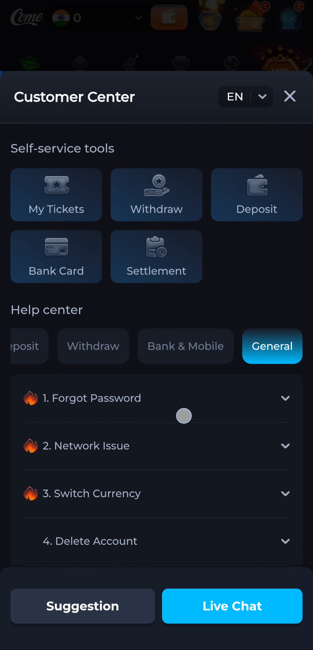 COME Customer Center showing General help topics and self-service tools