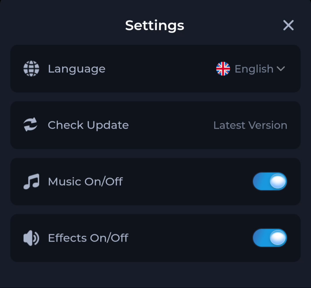 COME Settings with Language, Check Update, Music and Effects