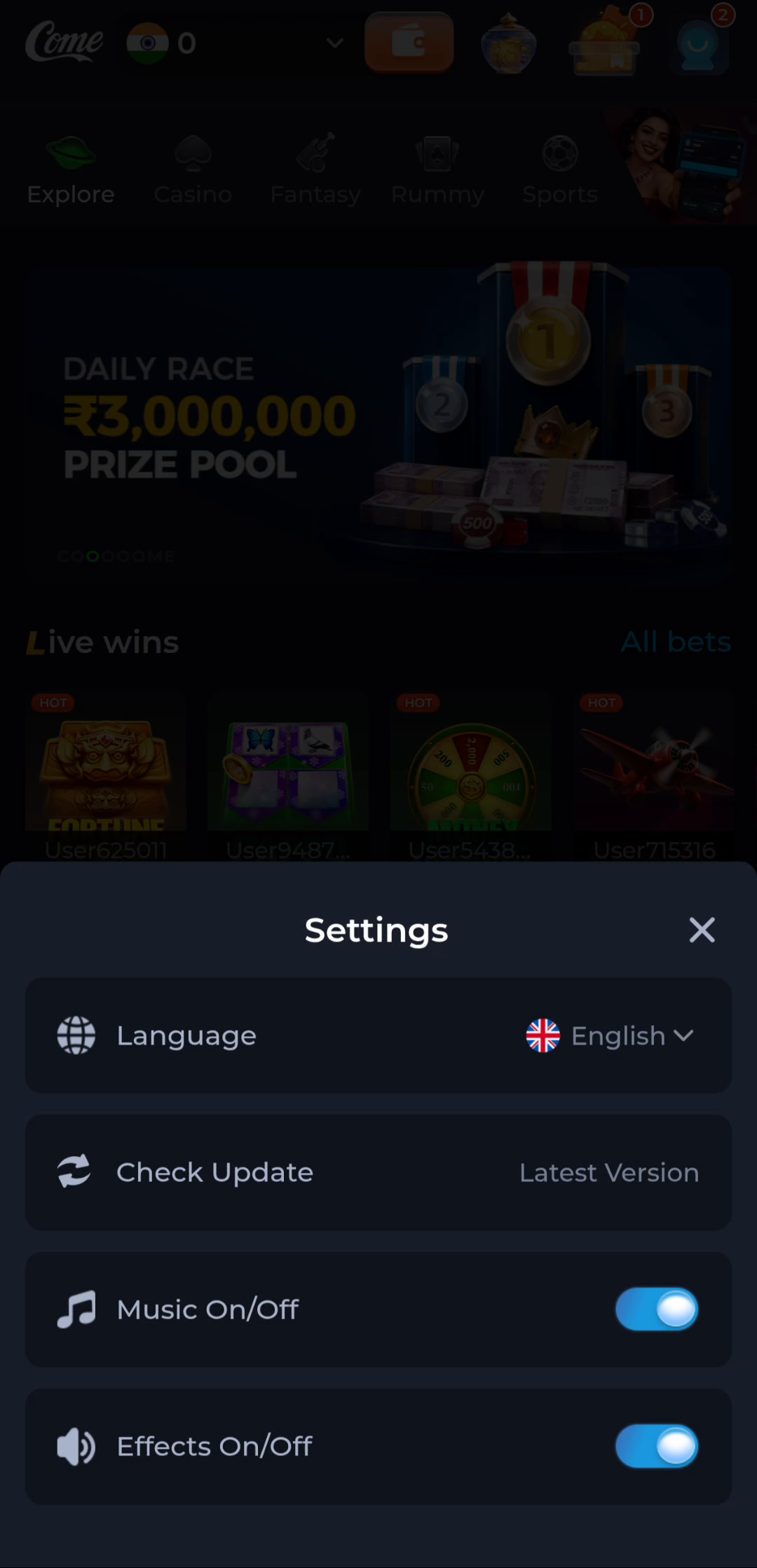 COME Settings panel with Language, Check Update, Music and Effects controls