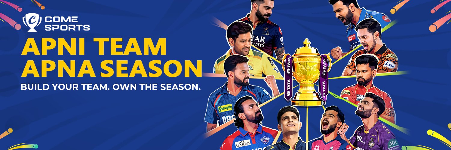 COME Sports banner with cricket players and the words Apni Team Apna Season